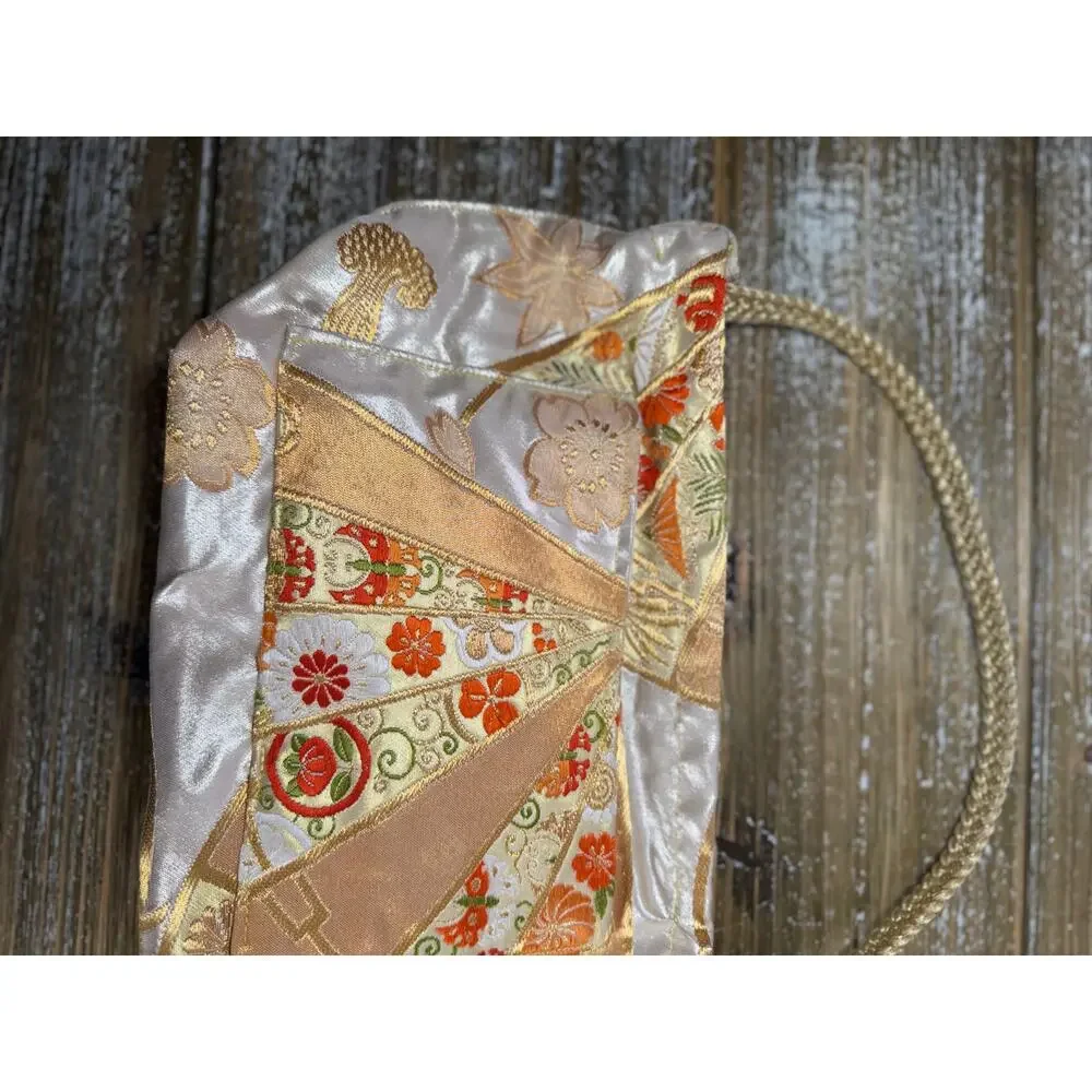 Vintage Japanese Silk Obi Clutch Bag Gold Floral Kawaii Coquette Aesthetic Purse - Picture 2 of 10